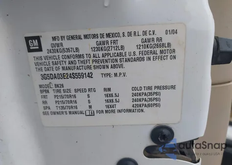 2004 Buick Rendezvous Cx из США, поврежденный, VIN 3G5DA03E24S559142